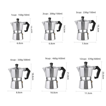 Aluminum Classic Stovetop Espresso Coffee Maker Continental Moka Percolator Pot for Italian Cuban 1/3/6/9/12 Cups 50/300/600ML